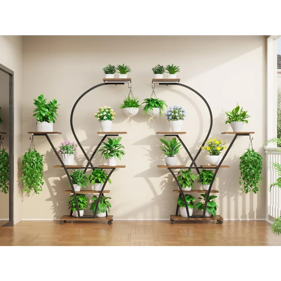 حامل نباتات داخلي طويل القامة 64 بوصة مع ضوء النمو، عبوة من 2 رف نباتات زاوية مكون من 7 طبقات يتميز بعجلات وحوامل نباتات منحنية fo #4