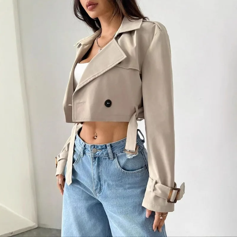 

Укороченный плащ с поясом 2025 года, весенняя куртка, женская винтажная уличная одежда, двубортный топ с длинными рукавами, женское пальто, наряды