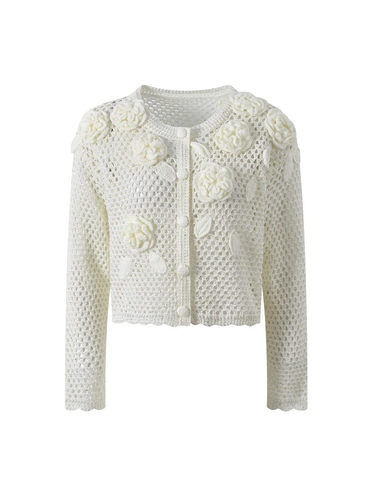Luksusowy europejski kardigan dziergany z otwartym krojem, bogaty haft, ażurowy wzór z trójwymiarowymi kwiatami, uniwersalny.