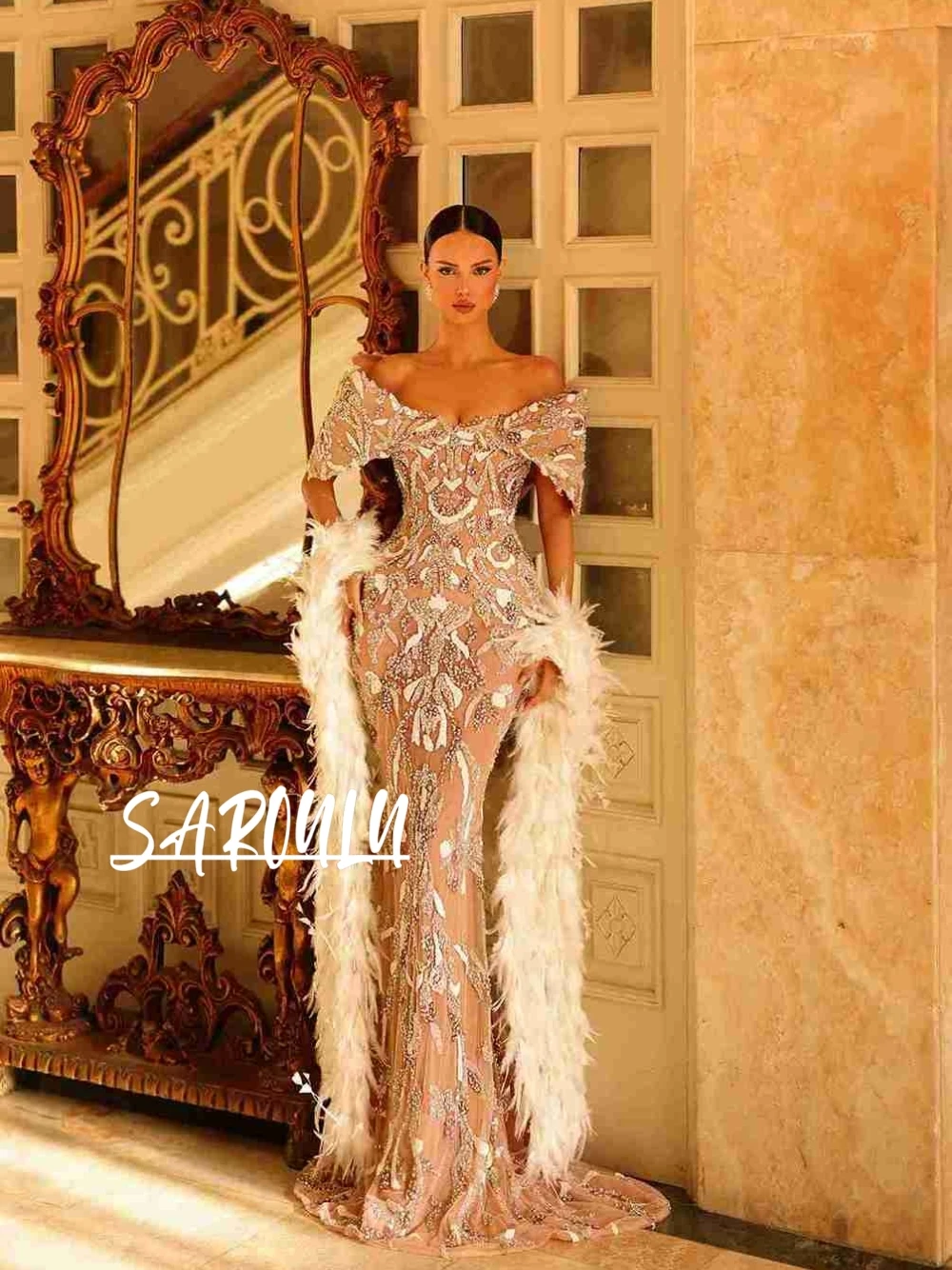 

2026 Chic Beaded Off Shoulder Evening Dress With Feathered Cape Exquisite Mermaid Customized Formal Occasions Women Prom Gown