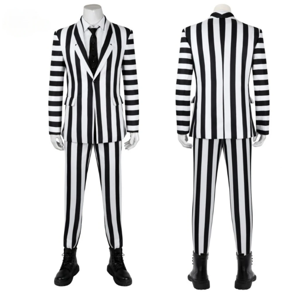 

Anime Adam Cosplay Costume Beetle Black and White Striped Suit Jacket Shirt Pants Uniform Halloween Party Outfits for Adult Men