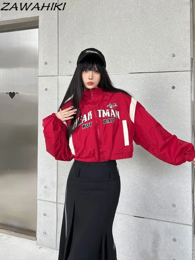 Jackets for Women Y2K Designed Fashion Letter Print Patchwork Contrast Color High Waist Red Streetwear Zipper Vintage Casual Top