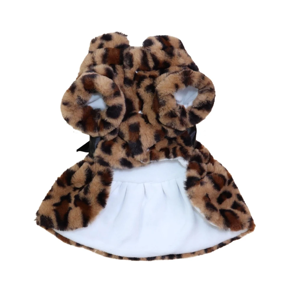 Autumn Winter Pet Dog Clothes Plush Coat Leopard Print Dress for Small Dog Cat Jacket Faux Fluffy Bowknot Skirt Bulldog Pug Pood