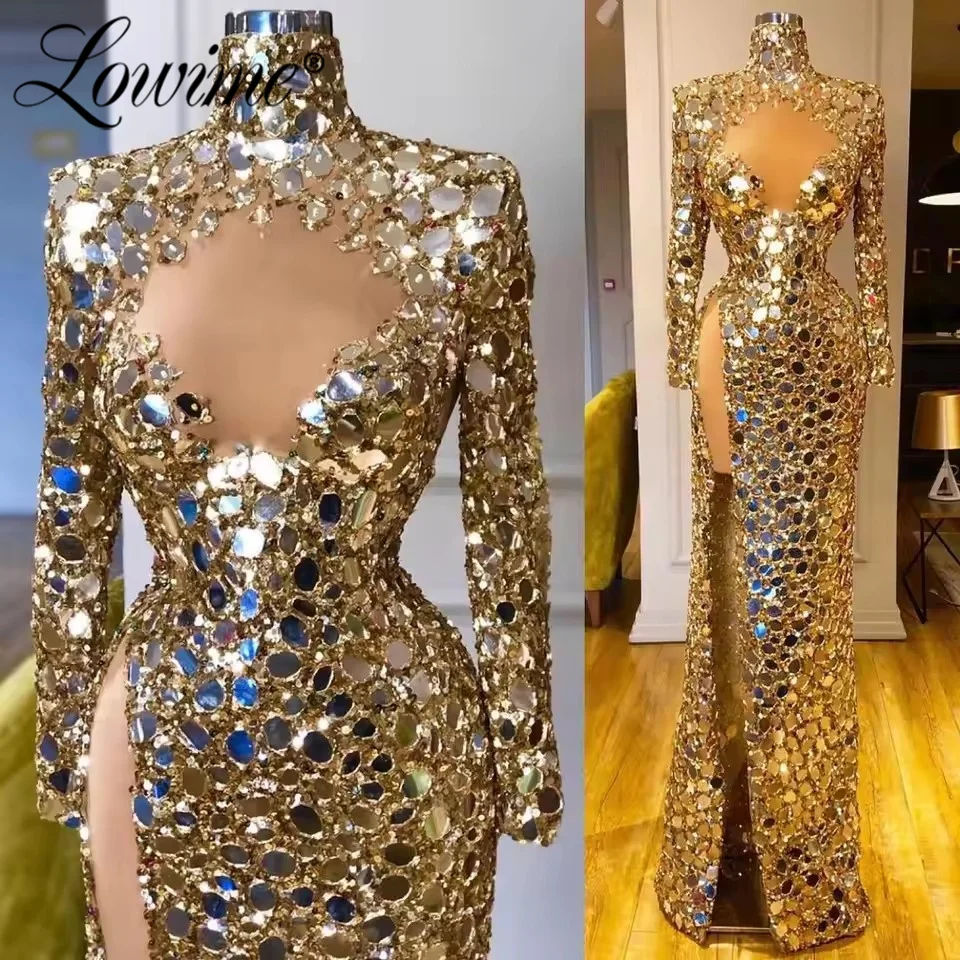 

Three Designs Gold Mirror Crystals Evening Dress Customized High Slit Prom Dresses Women Formal Occasion Celebrity Party Dresses