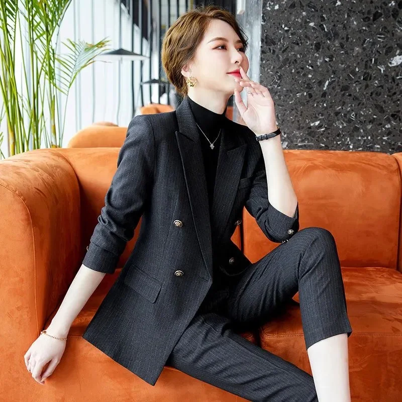 Women's Double-Breasted Slim-Fit Blazer Set | High-End Professional Commuter Outfit for Spring & Autumn