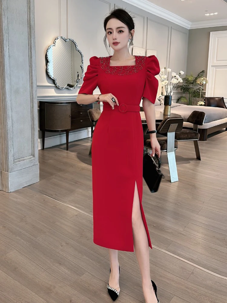 ZJYT luksusowe koraliki czerwone imprezy specjalne imprezy sukienki dla kobiet na wieczorny bal Midi Vestido Fiesta eleganckie kwadratowy kołnierzyk fioletowe