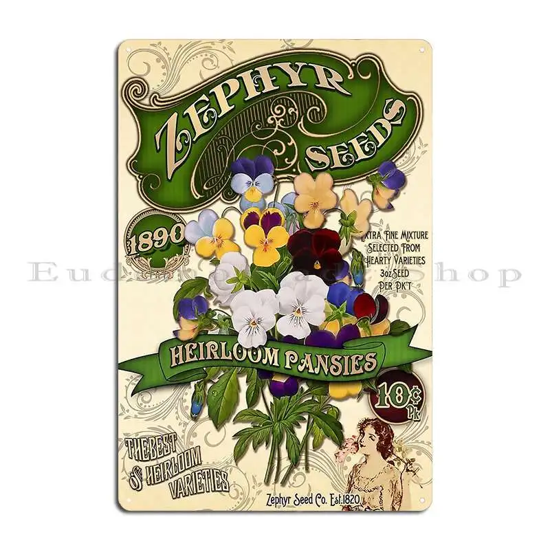 Vintage Seed Packet Heirloom Pansies Metal Plaque Poster Garage Create Cave Designer Bar Tin Sign Poster