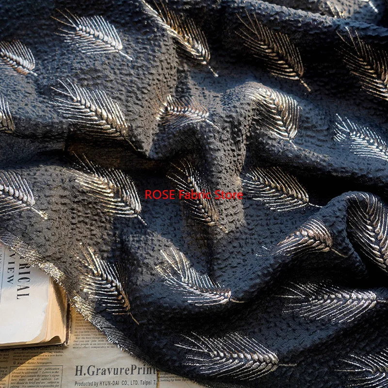 

1 meter Black Gold Silk Feather Embossed Jacquard Fabric Slightly Transparent Women's Wedding Dress Decorative Fabric