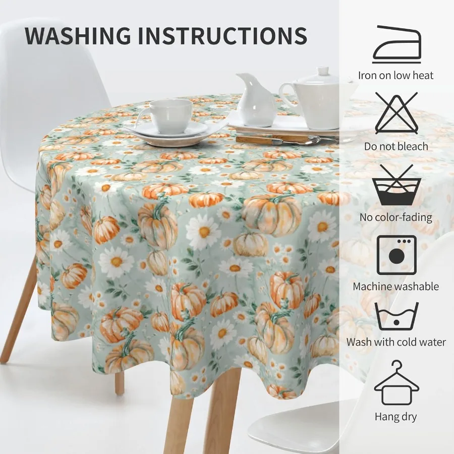 Fall Round Tablecloth 60 Inch Pumpkin Daisy Pattern Waterproof Dining Table Cover for Autumn Thanksgiving Heat Resistant Kitche
