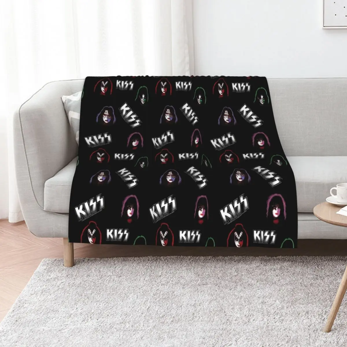 KISS Faces & Logo Pattern Throw Blanket Plush Fuzzy Cozy Blanket for Couch Sofa