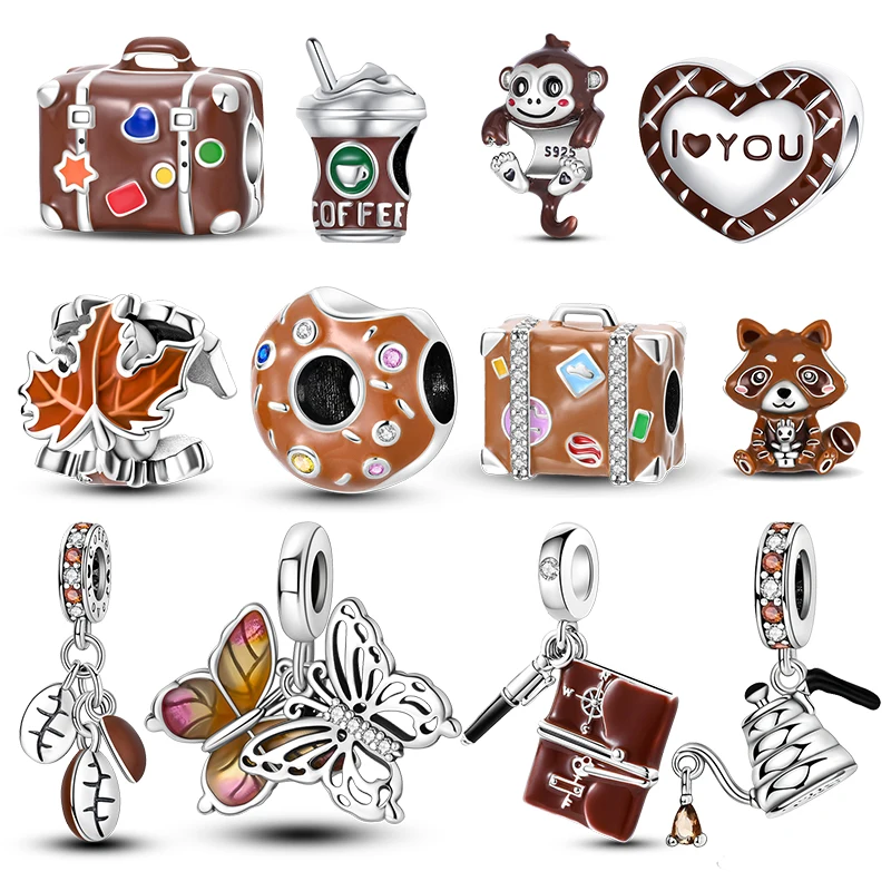 Brown Series Animal Coffee Heart Handbag 925 Sterling Silver Fit Charms Silver 925 Original Bracelet for Jewelry Making