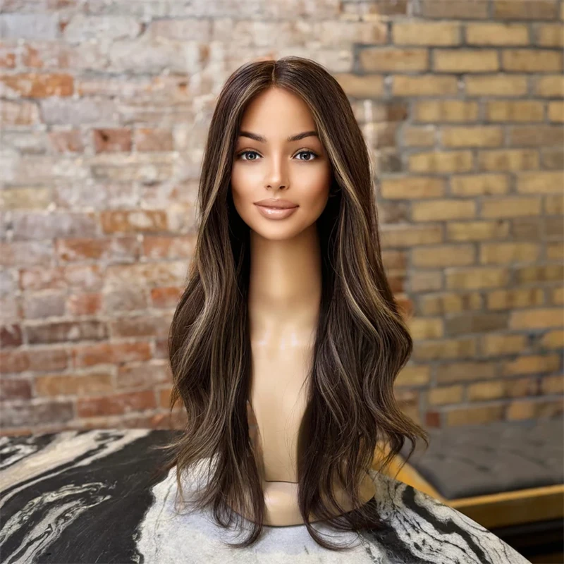

Natural Wave Wig Ombre Dark Brown Synthetic HD Lace Front Wig Realistic Look High Quality Glueless Preplucked Hairline Party Wig