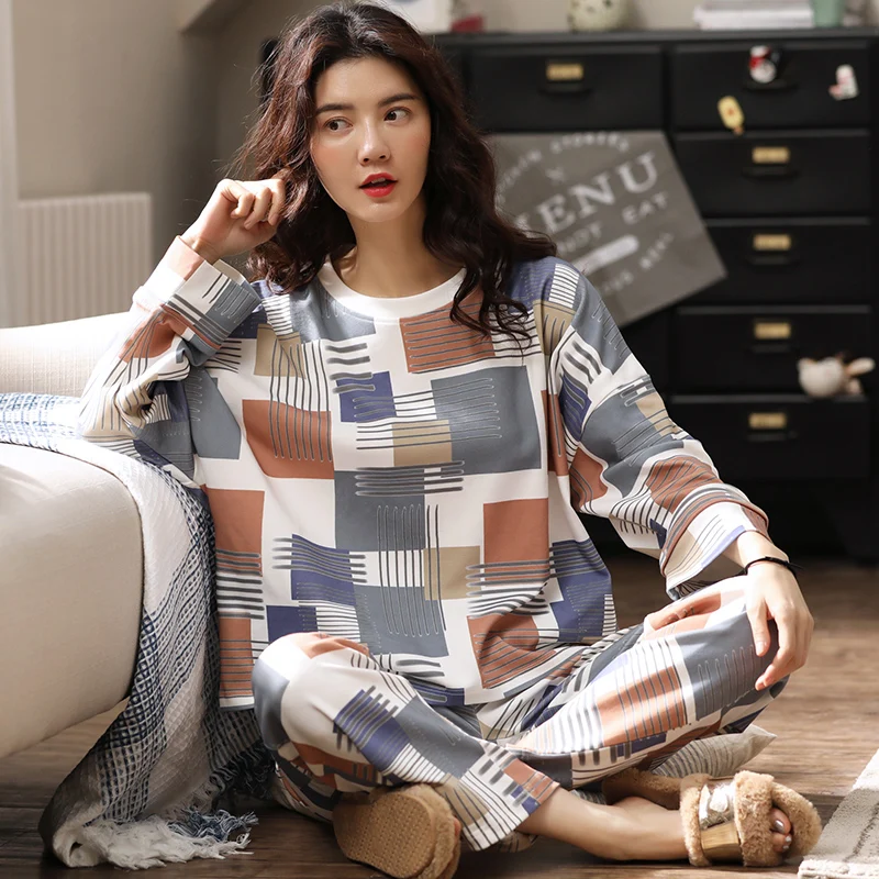 

Осенние женские пижамы с длинным рукавом и круглым вырезом, женская одежда для сна, хлопковые женские пижамные комплекты