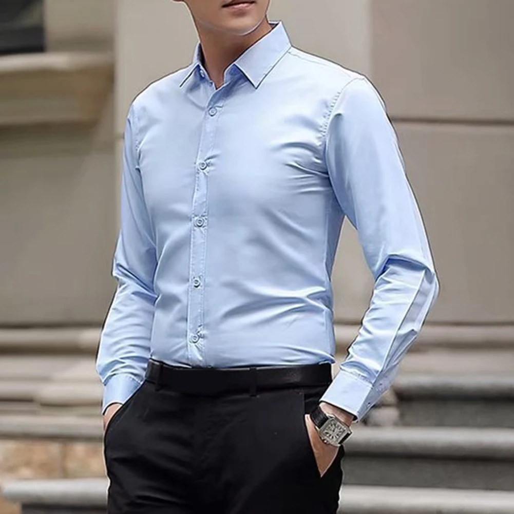 قميص حفر بأكمام طويلة للرجال، قميص رسمي كاجوال للأعمال، مقاوم للتجاعيد للمناسبات الاجتماعية للعمل