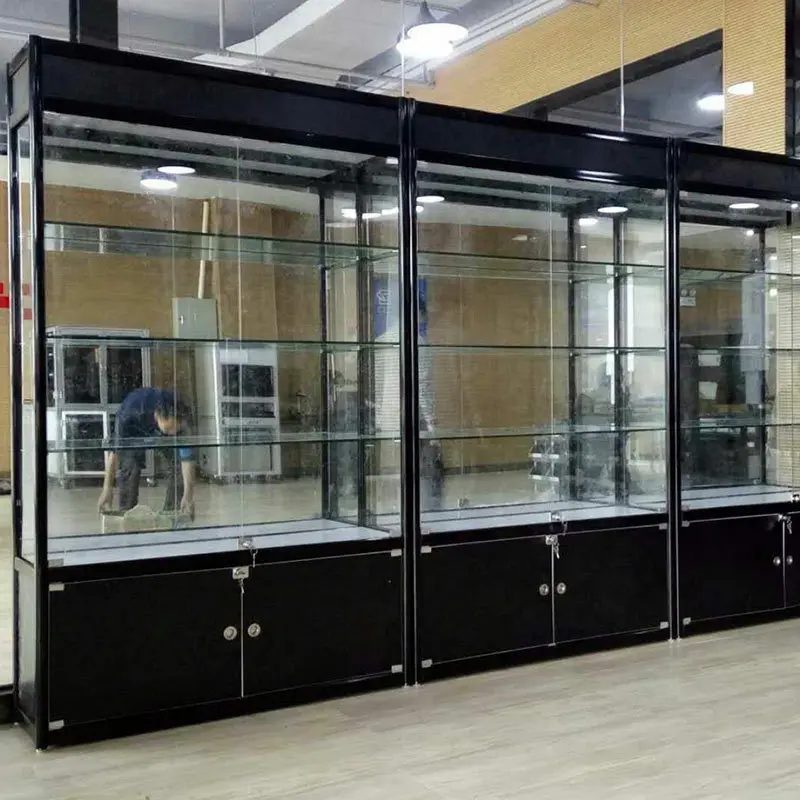 Moda vitrine de parede para loja de varejo, vitrine de vidro de alumínio com tampa com luz LED