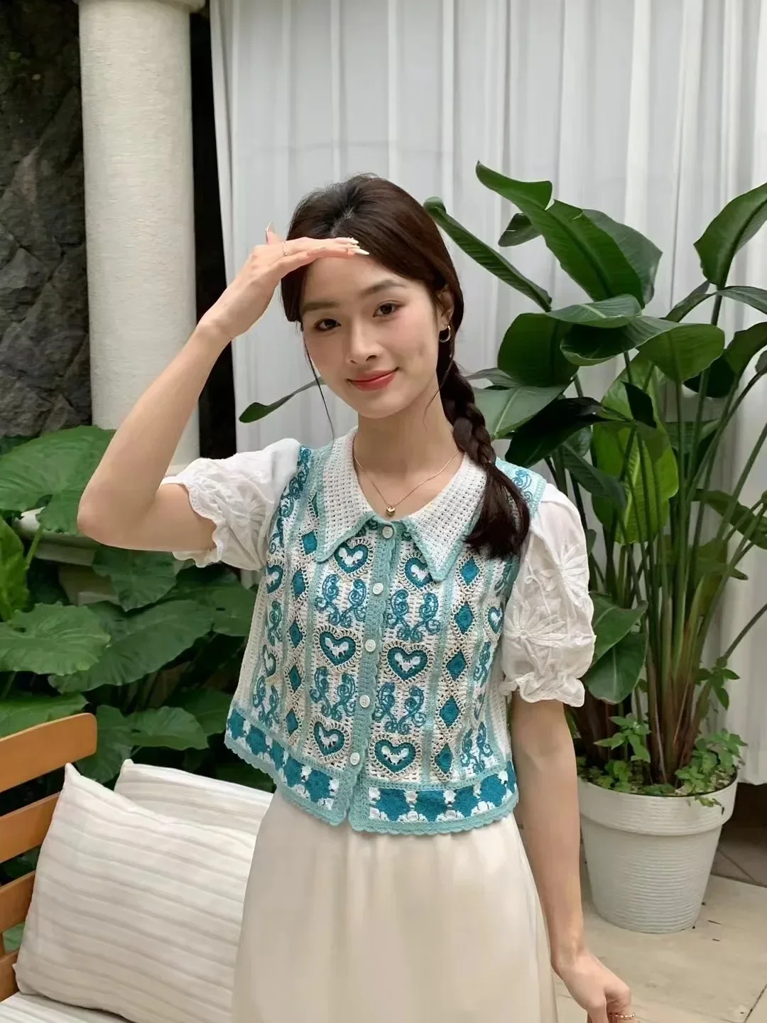 Crochet Button-up Top Collared Puff Sleeve Embroidery Heart Sheer Open-knit Crop Blouse Summer Women Teengirl Fairycore Outfit