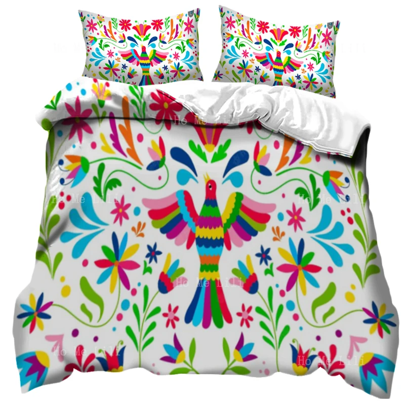 

Otomi Style Flowers And Hare Bird Pattern Design Huichol Folk Art Colorful Mexican Floral Duvet Cover By Ho Me Lili Bedding Deco