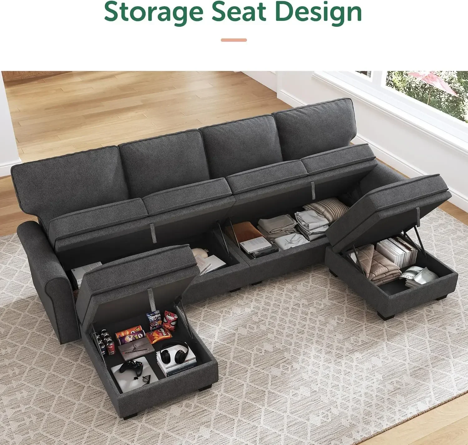 U Shaped Sectional Sofa With Storage Seat Reversible Chaise Convertible Couch For Living Room Dark Grey