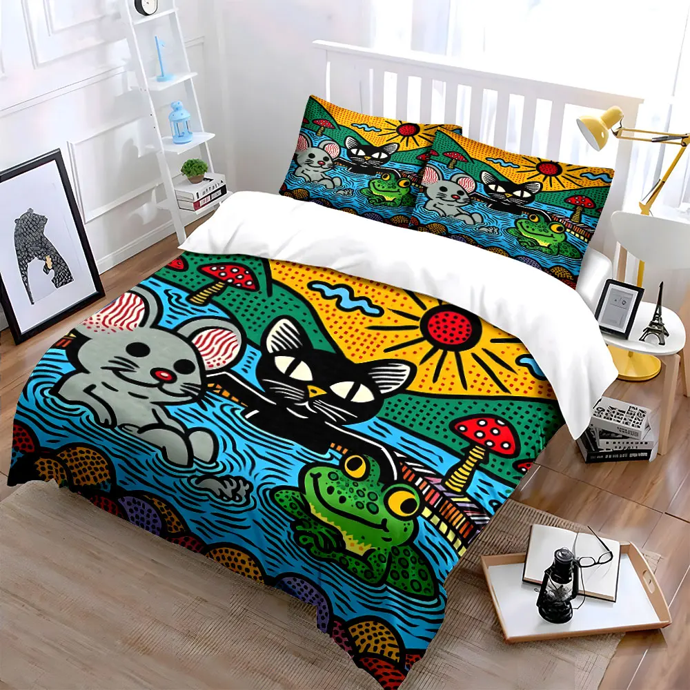 Cartoon cat, mouse, frog swimming Print Bedding Set 1 Duvet Cover 2 Pillowcases for Adult and Children Luxury Gift Full Size