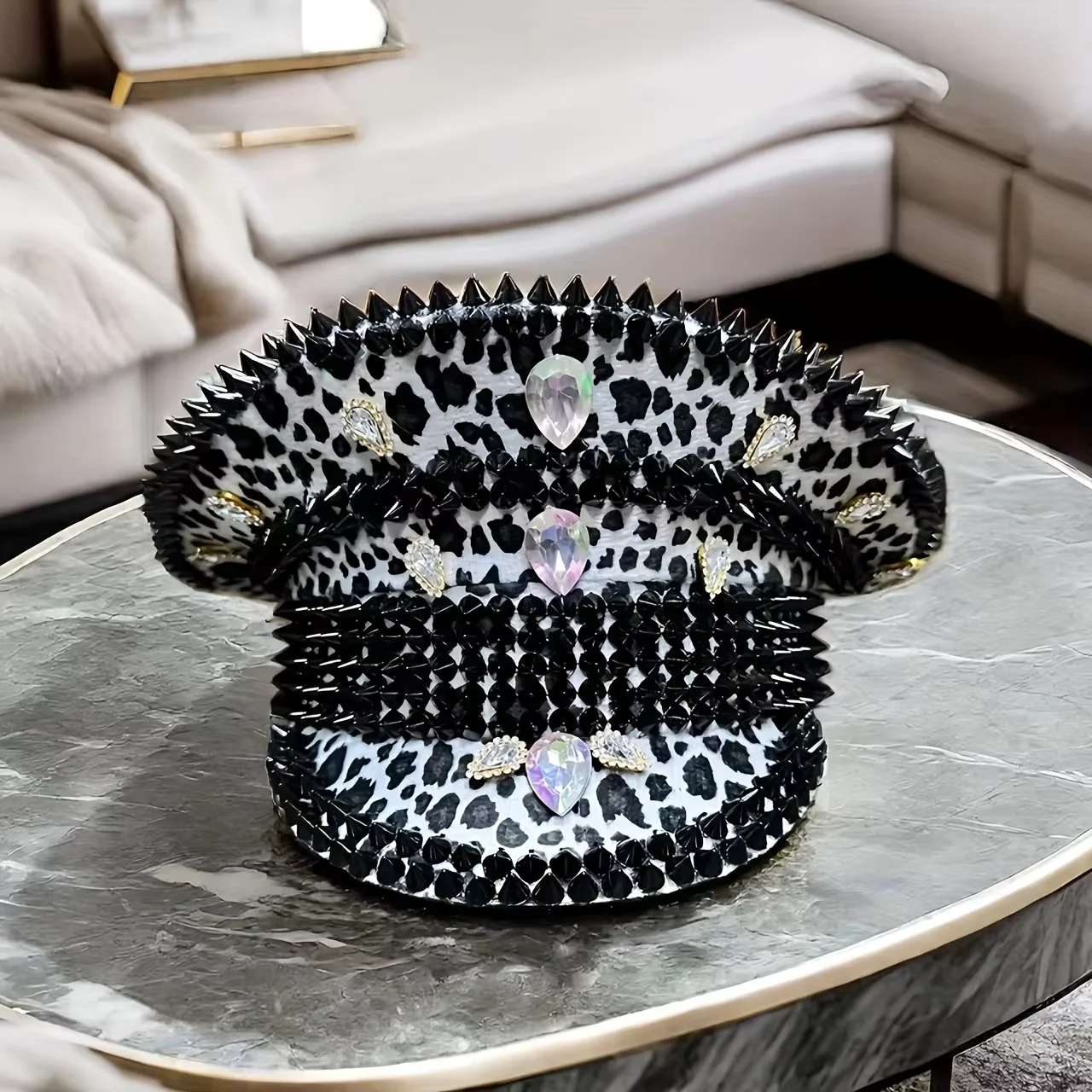 HongLuan Yellow Laser Leather Loop Captain Hat Rhinestone & Military Caps for Woman, Rave Festivals Accessories ＆ Party Cap Man