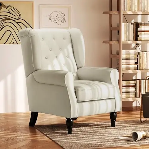 Mid-Century Modern Accent Chair, High Wingback Reading Chair, Button-Tufted Upholstered Fabric Armchair with Retro Wood