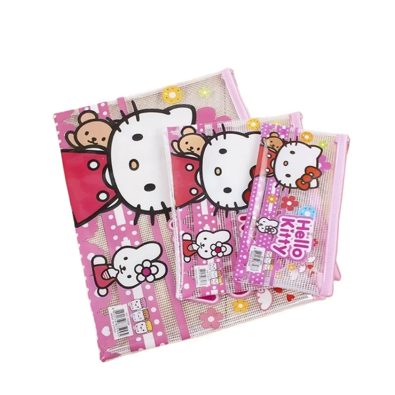 Sanrio Hello Kitty Mesh Zipper File Bag Waterproof Moisture-proof Zipper Folder Toy Storage Bag Storage Tools Cosmetic Bag Gifts