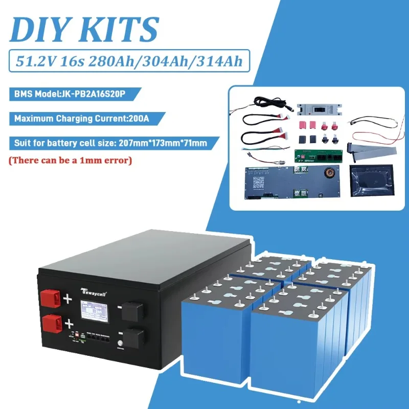 

51.2V 16S 280Ah Battery Metal Case 200A BMS Built in Lithium Battery Box Akku Solar Storage Battery Pack Accessories