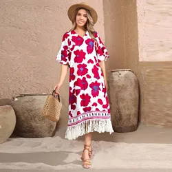 2025 Women Dress Lotus Leaf Short Sleeved Loose Maxi Dress V Neck Straight Tube Dress Fashion Fringe Skirt Hem Female Dresses