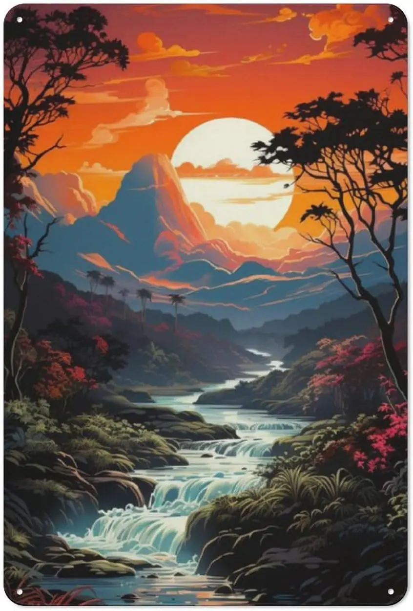 River scenery with sunset in the evening retro vintage metal iron sign coffee bar wall decor home office signs gift poster 8x12