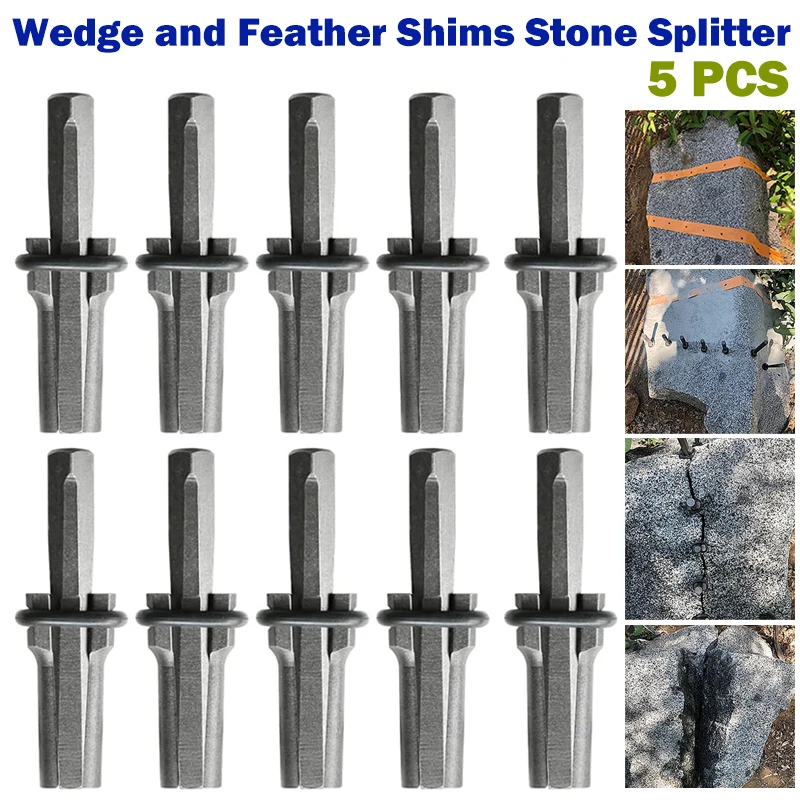 5PCS Wedge Feather Shims Stone Splitter Cracking Chisel Heavy Duty Stone Splitting Tools Concrete Rock Marble Granite Splitter