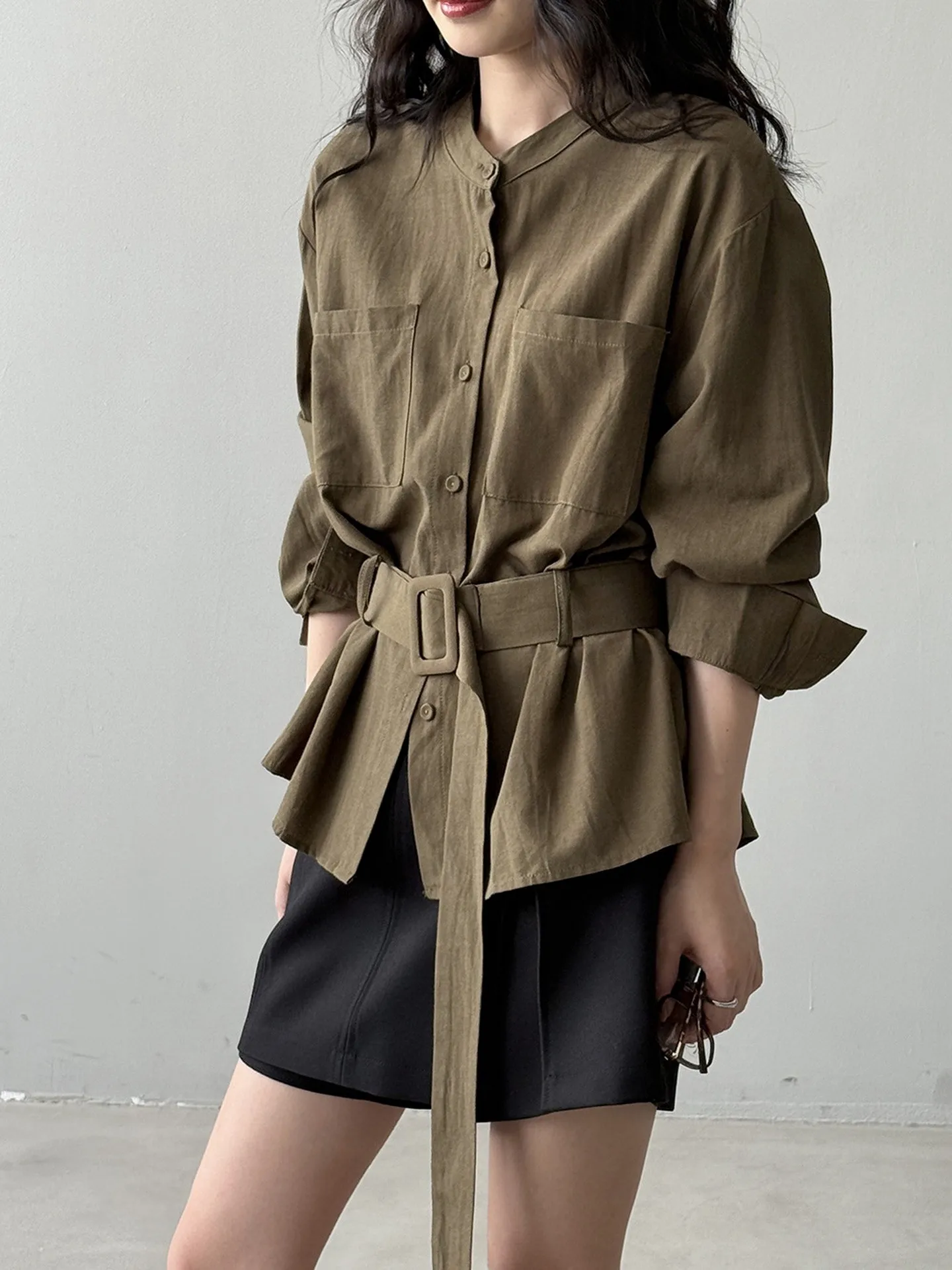 

Faionable Korean Sle Women's Irt Jaet с воротником с поясом и пуговицами, хлопковые длинные свекина, пилонг, цвет капусты