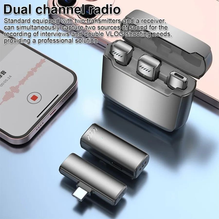 Microfono lavalier wireless Mini microfono lavalier wireless Microfono da bavero Riduzione del rumore compatibile 1 ricevitore 2 microfoni