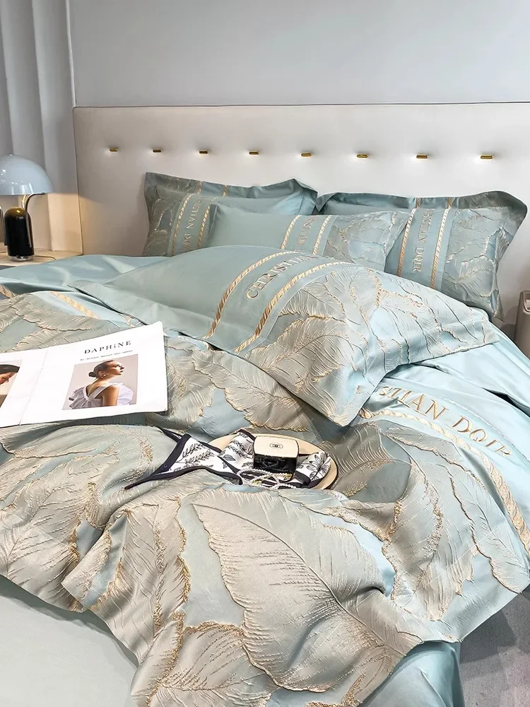 Light luxury high-end cotton quilt cover four-piece set, bed sheet, bed hat relief embroidery bedding