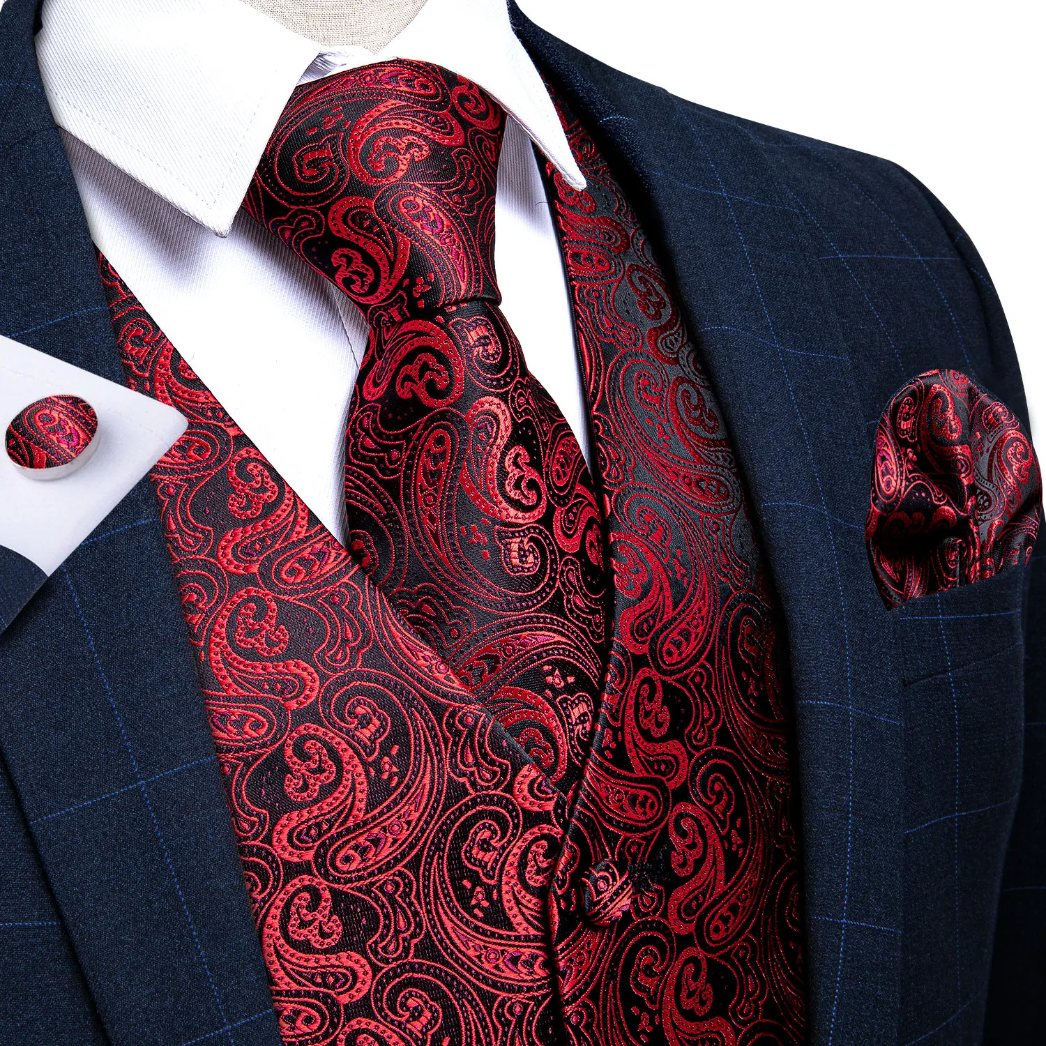 Causal Men Black Red V-neck Vest for Business Sleeveless Paisley Wedding Man's Waistcoat Silk Tie Bowtie Pocket Square Cufflink