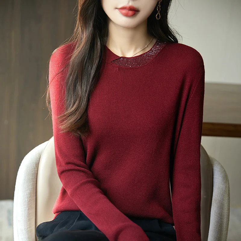 New Round Neck Spun Wool Sweater For Women, Long Sleeved Loose And Versatile Pullover, Fashionable  Versatile Knit Base Sweater