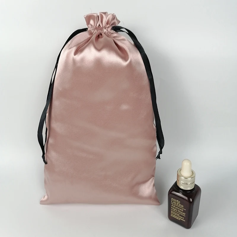 Rose Gold Silk Satin Bag Custom Logo Packaging Bag Virgin Hair Extenssion/Makeup/Eyelash/Perfume Drawstring Gift Pouch Dustproof