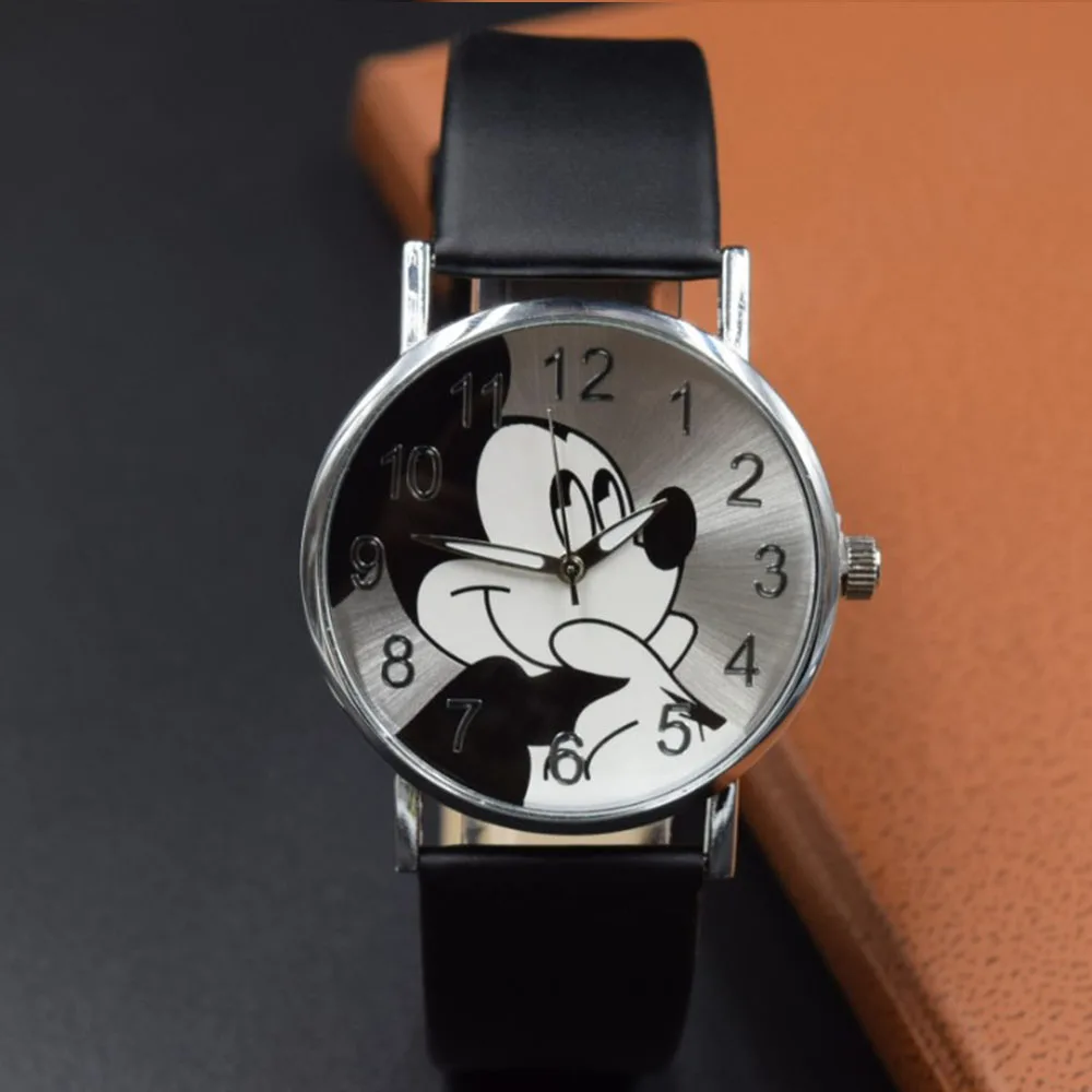 

Детские часы с рисунком Микки Диснея, модные часы, кварцевые часы с ремешком из искусственной кожи для мальчиков и девочек, студенческий подарок на день рождения