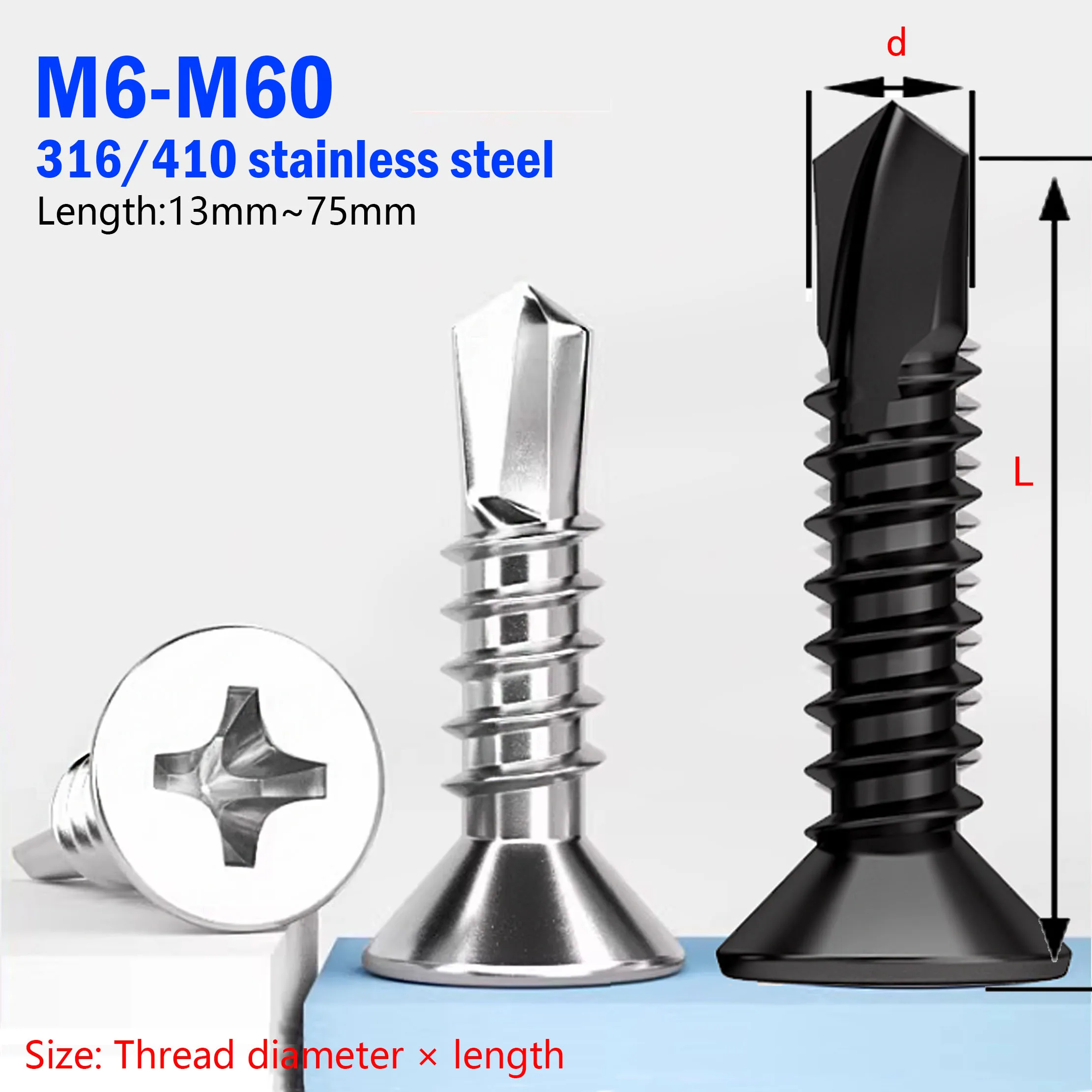 M3.5 - M6.3 4 Sheet Metal Self-Tapping Screws 316/410 Stainless Steel Flat Head High-Strength Quick Self-Drilling Screws