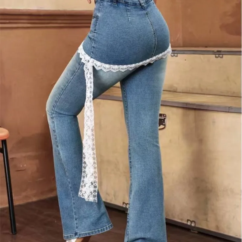 Y2K American Women Bootcut Denim Jeans High Waist Stretch Light Wash Lace Fringe Trim Flare Trousers