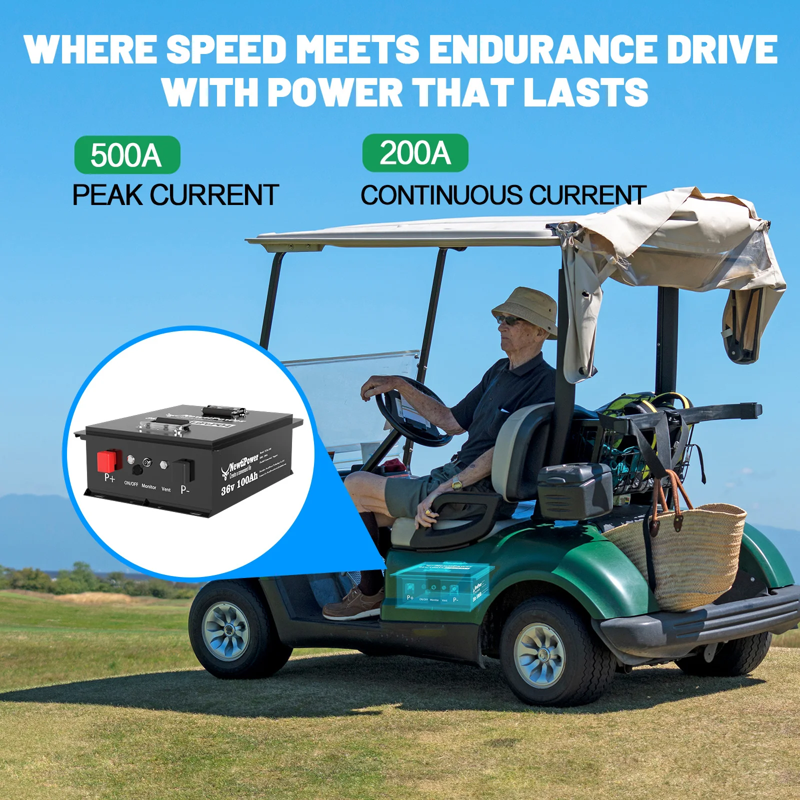 

NewtiPower 36V 100Ah Golf Cart LiFePO4 Battery with APP&Chager&Monitor,10KW Continuous Power Lithium Battery with 200A BMS,