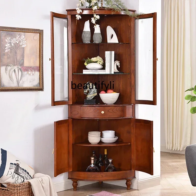 LJY12 خزانة مشروبات مثلثة من الخشب الصلب الأمريكي منحنية وبسيطة لغرفة المعيشة وباب زجاجي وخزانة زاوية للتخزين