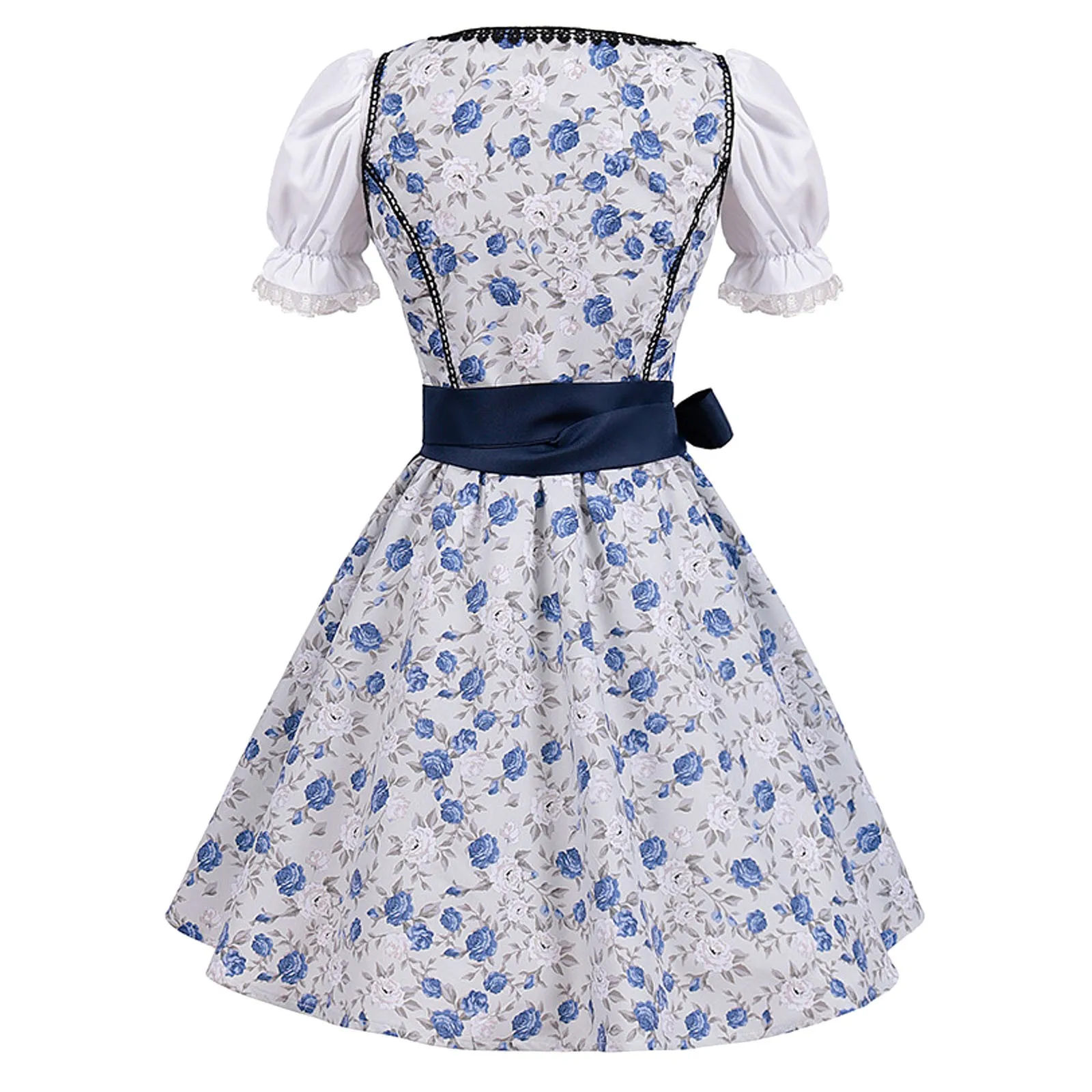 Oktoberfest Dirndl Dress Women Floral Print Patchwork Puff Sleeve Party Dresses With Apron Bavarian Beer Maid Cosplay Costume