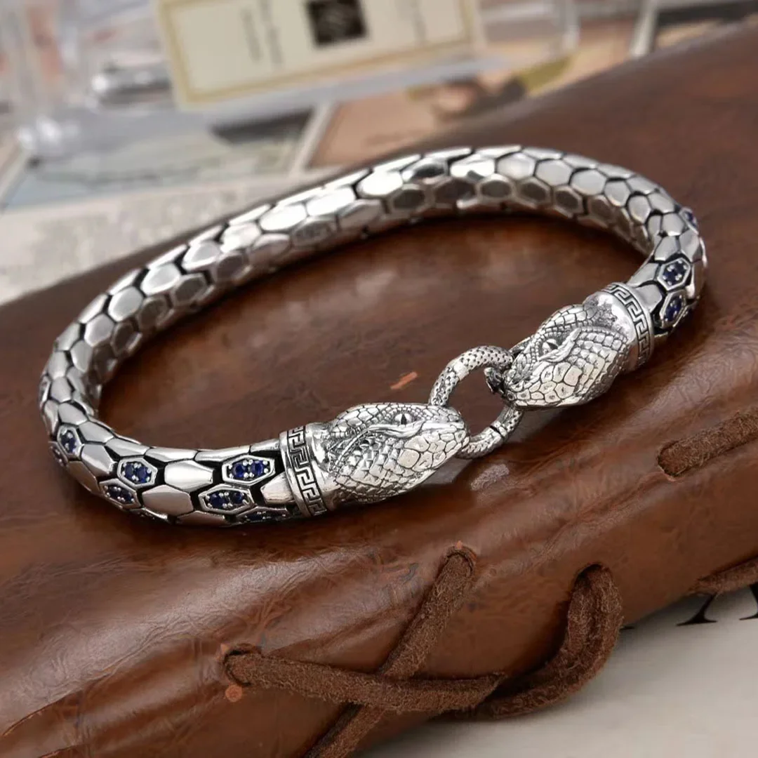 

S925 Silver Blue Zircon Snake Patterned Bracelet for Men & Women Unisex Stylish Luxury Jewelry Gift