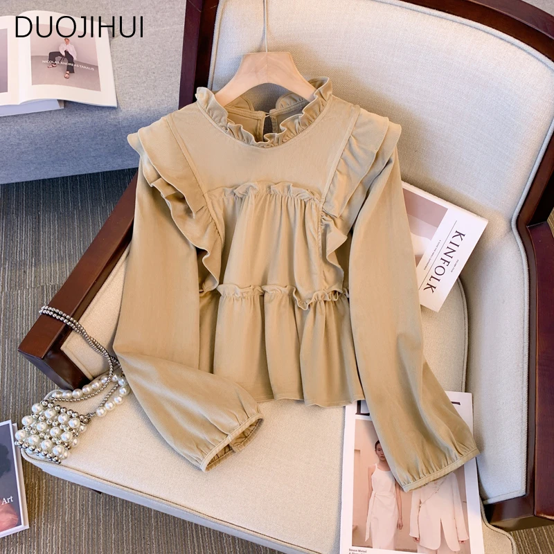 

DUOJIHUI French Sweet Basic Ruffles Simple Female Blouse Autumn Long Sleeve Fashion Office Ladies Pure Color Casual Women Blouse