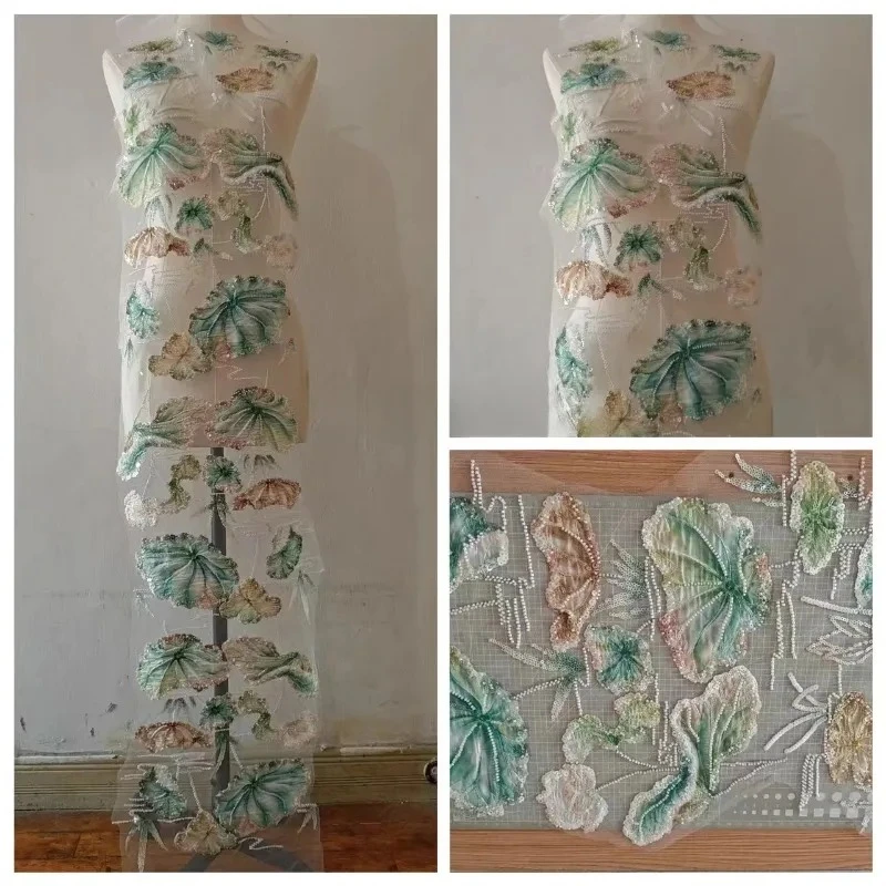 

135x34CM.Colorful Green Bead Embroidery Shiny Large Applique.Sequin Dress Decoration.DIY Sewing Accessories 2025 New Lace Fabric