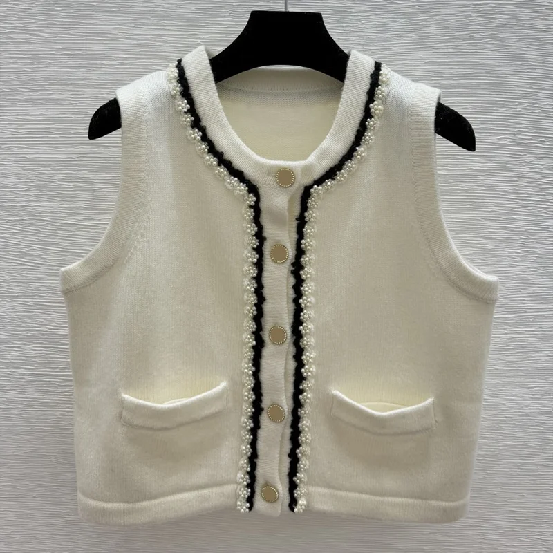 

Высококачественный однобортный женский вязаный жилет с бисером и шнуровкой, цветной свитер с трехмерным карманом 251004248