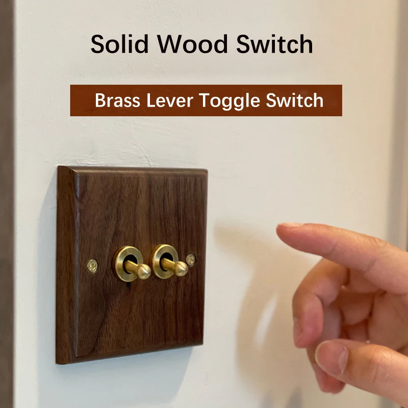 High Quality Black Walnut Sood Panel Brass Lever Toggle Switch 1-4 Gang 2 Way Wall Lamp Switch EU Socket