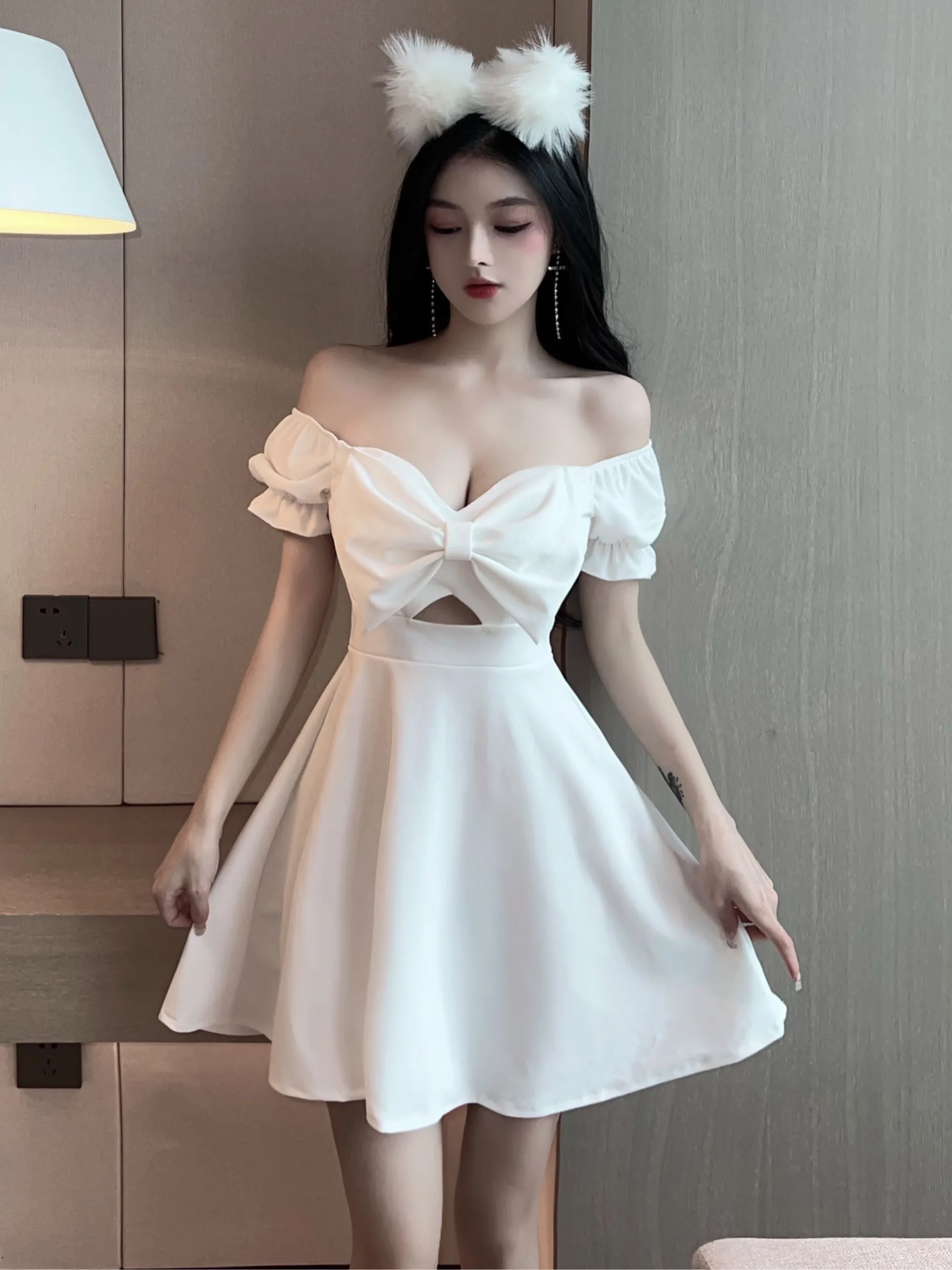 

Nightclub Sexy Low Cut Deep V Ne Bubble Sve Slimming Puffy Dr ort Skirt High Waist Pure Desire Spring Summer Autumn