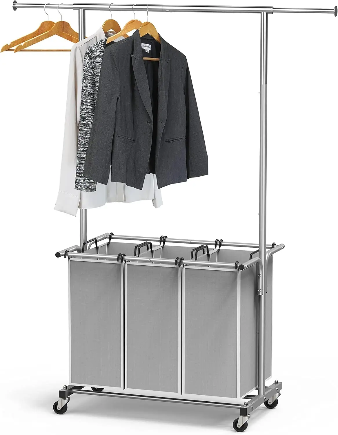 

3-Bag Laundry Sorter Cart with Extendable Hanging Rod, Rolling Wheels for Easy Mobility