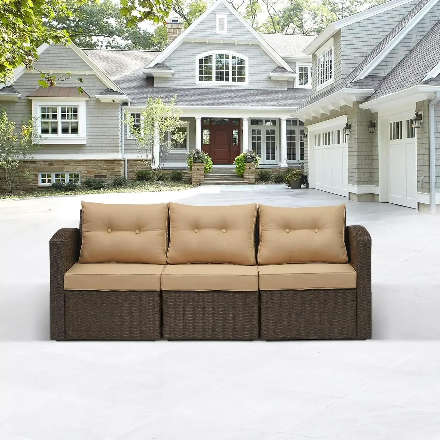 Patio Loveseat, 3-Seat Wicker Outdoor Sectional Couch with Non-Slip Beige Cushions, Extra Sofa Furniture, Aluminum Frame